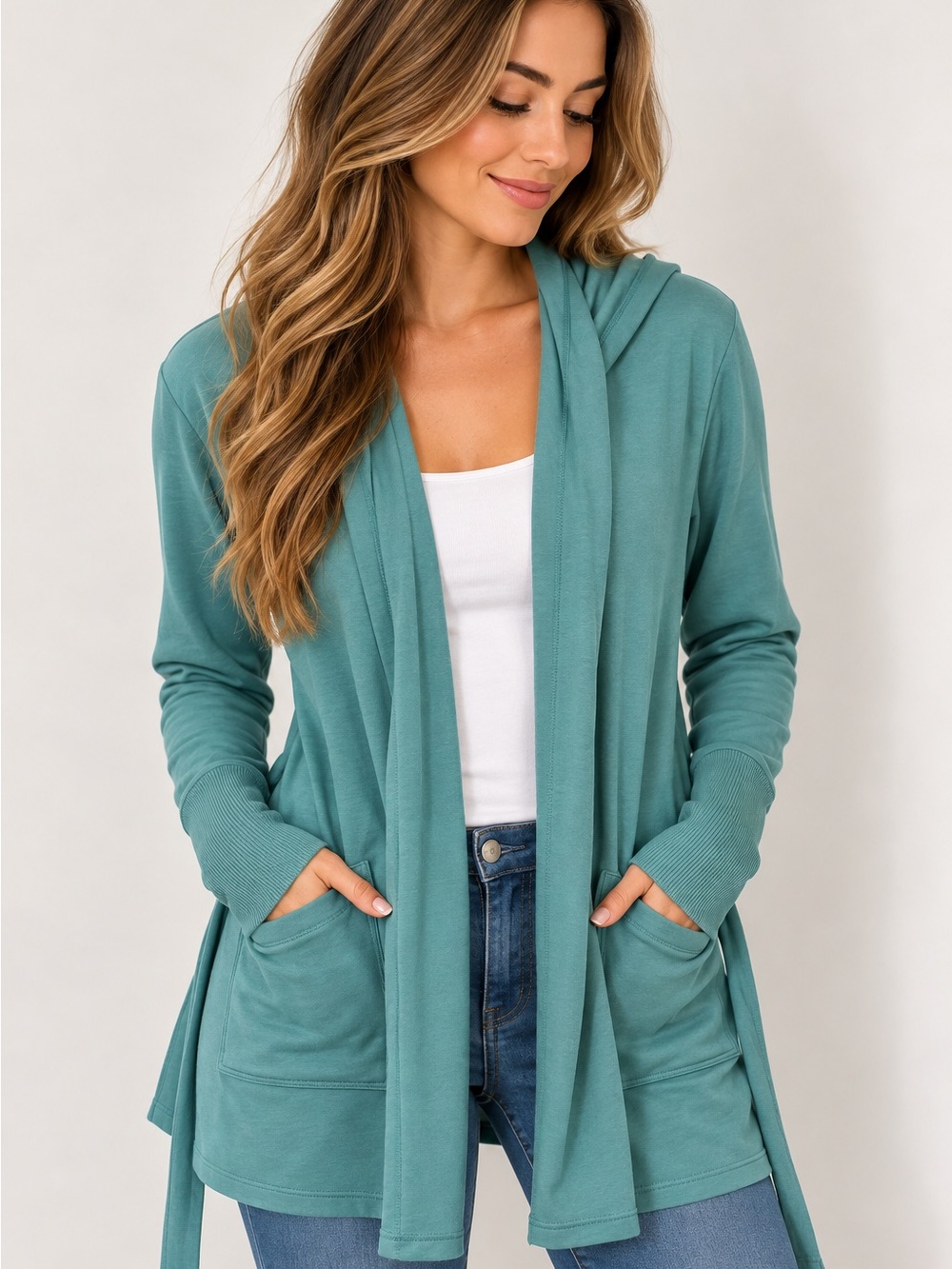 Skechers Teal Hooded Open Front Belted Cardigan – M